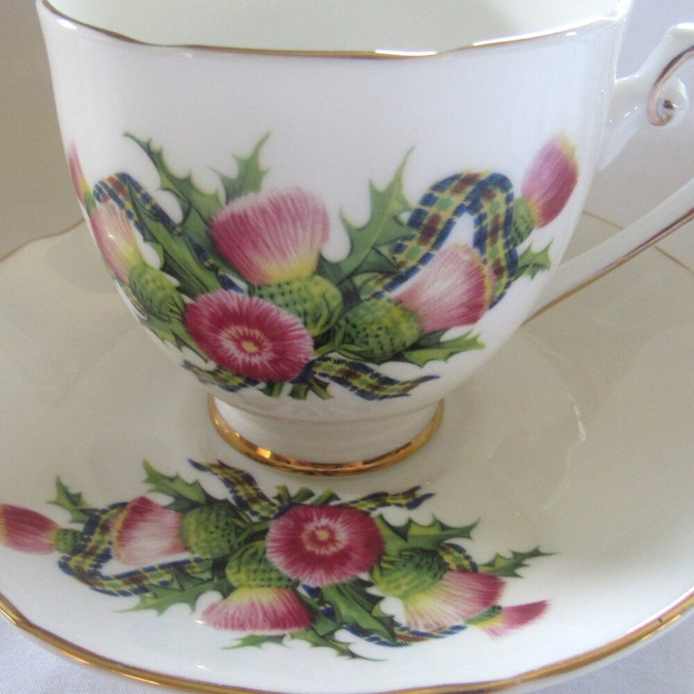 Royal Grafton Thistles and Tartan Tea Cup and Saucer, English Bone China, D1111